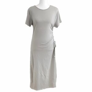 UCHUU GREY BEIGE SHORT SLEEVE ONE SIDE SLIT DRAWSTRING DETAIL SHIFT MAXI DRESS